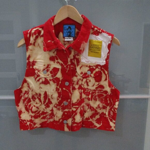 Keith Haring Collection Red Denim Bleach Splattered Vest - Picture 1 of 6